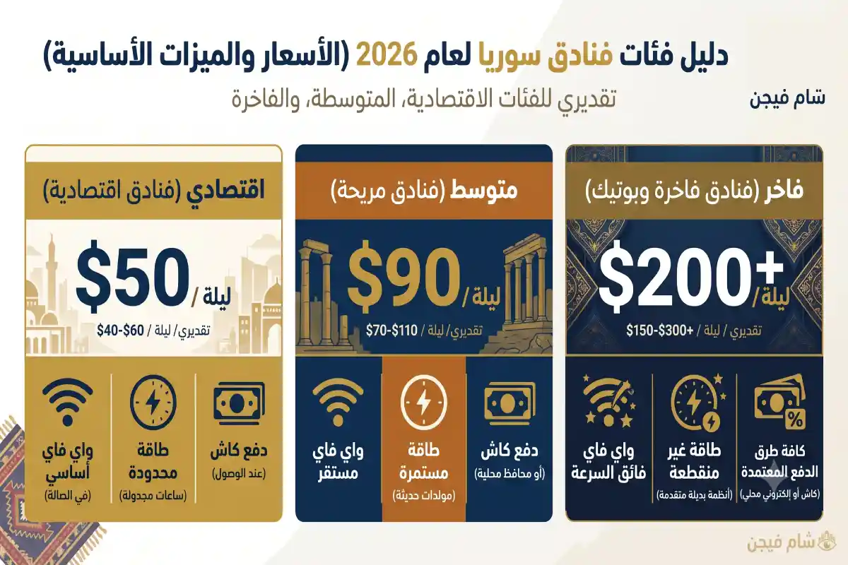 فنادق سوريا 2026: مقارنة الأسعار وأفضل أماكن الإقامة أسعار الفنادق في سوريا لعام 2026: مقارنة تحليلية