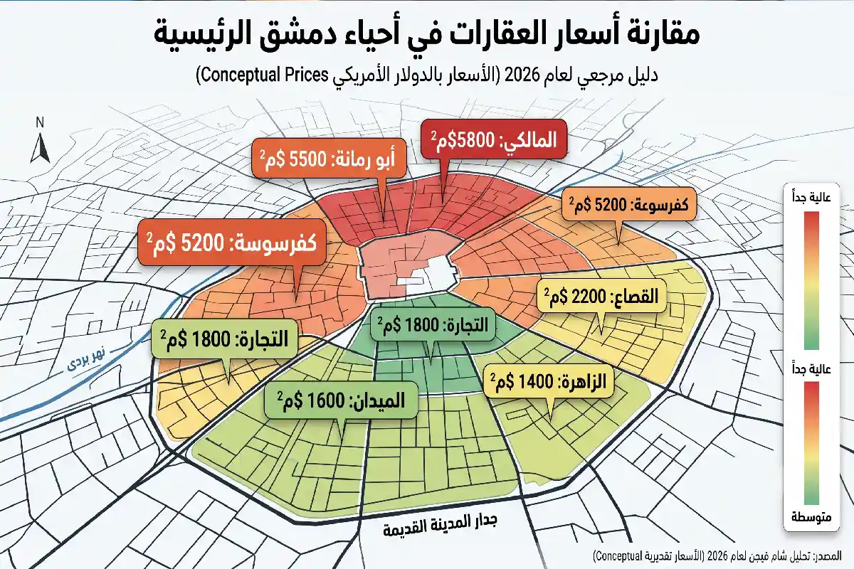 أسعار العقارات في دمشق 2026: دليل الشراء والاستثمار مقارنة أسعار العقارات في دمشق