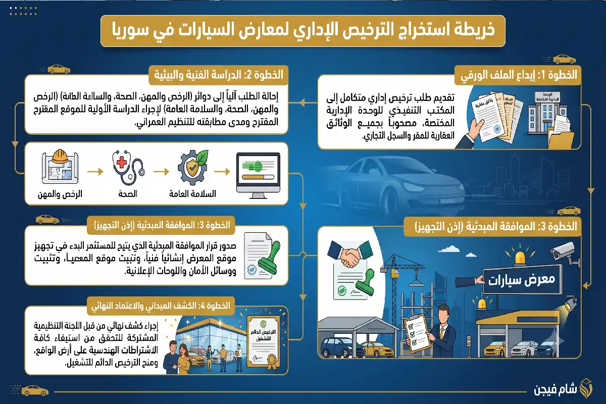 كيف تبدأ ترخيص معرض سيارات في سوريا؟ شروط وإجراءات التنسيق الإداري مع وزارة الإدارة المحلية والبيئة عند ترخيص معرض سيارات في سوريا
